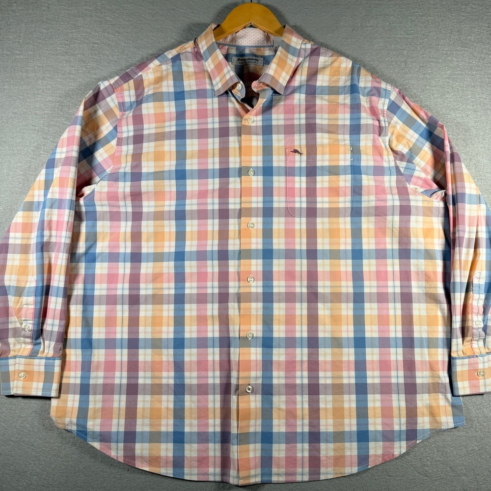 Tommy Bahama Sarasota Stretch Plaid Button Down Shirt Mens 2XL Coolmax Orange